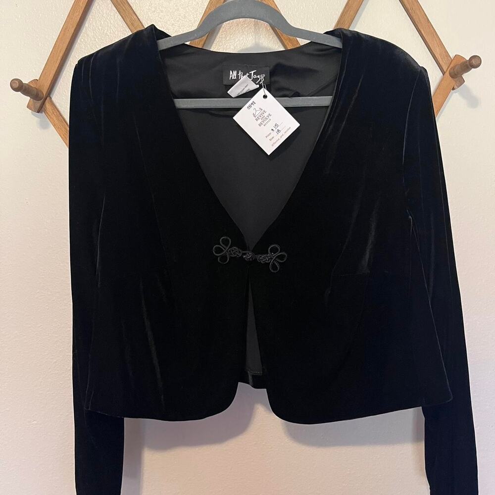 Vintage All That Jazz Black Velvet Frog Closure Bolero Cardigan Jacket Womens 18